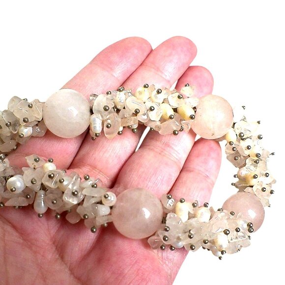 Vintage Rose Quartz & Quartz Crystal Beaded Necklace with Freshwater Pearl - Picture 6 of 7